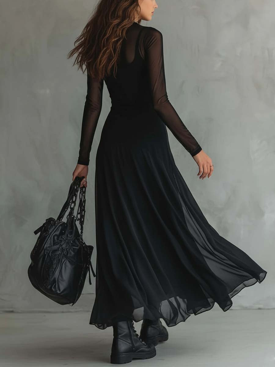 Elena · Vestido maxi negro con mangas transparentes