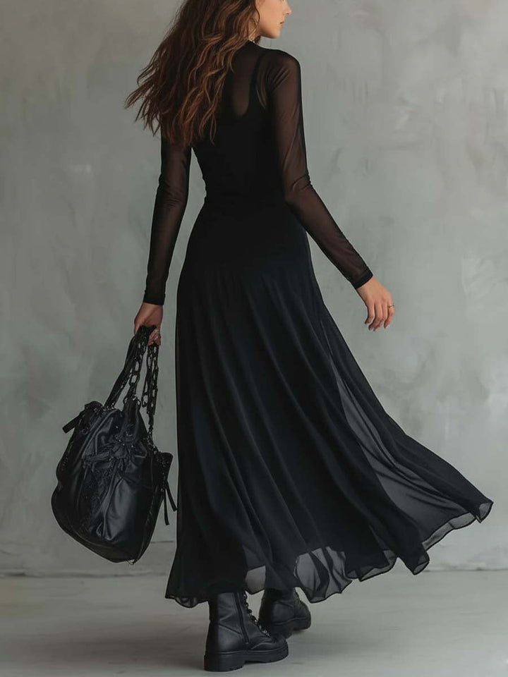 Elena · Vestido maxi negro con mangas transparentes