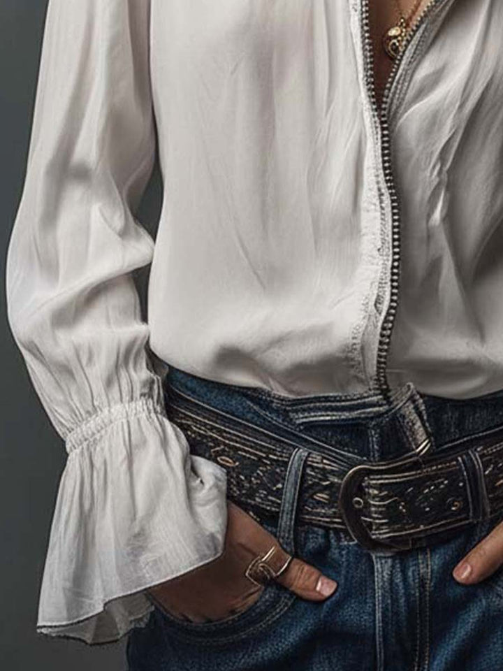 Ana · Blusa Blanca Cremallera con Volantes