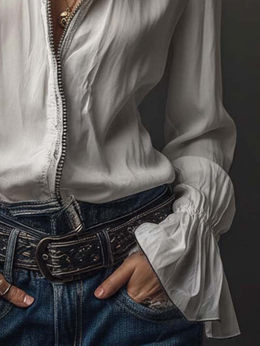 Ana · Blusa Blanca Cremallera con Volantes