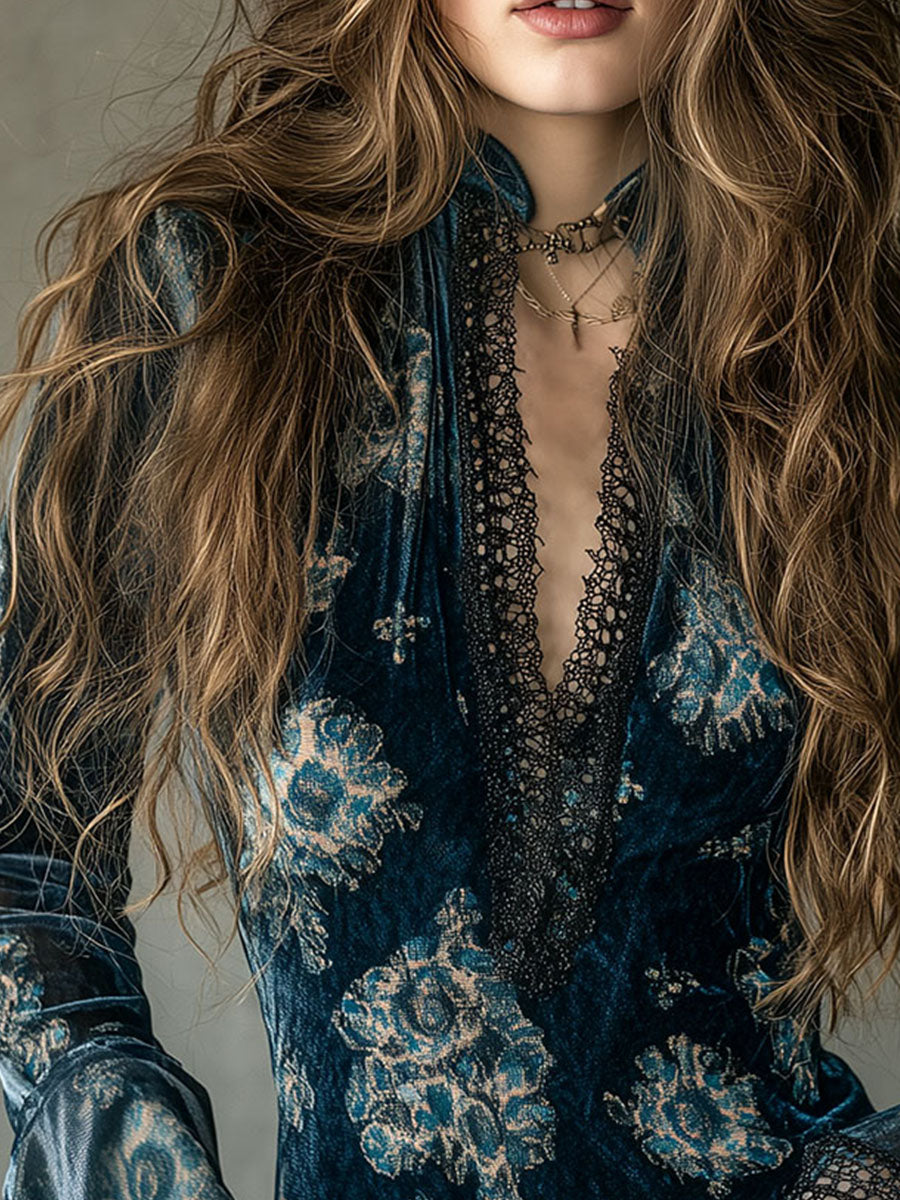 Azul · Blusa floral retro con mangas de campana
