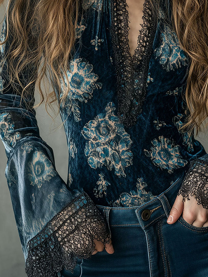 Azul · Blusa floral retro con mangas de campana