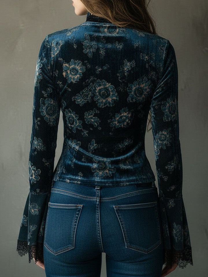 Azul · Blusa floral retro con mangas de campana