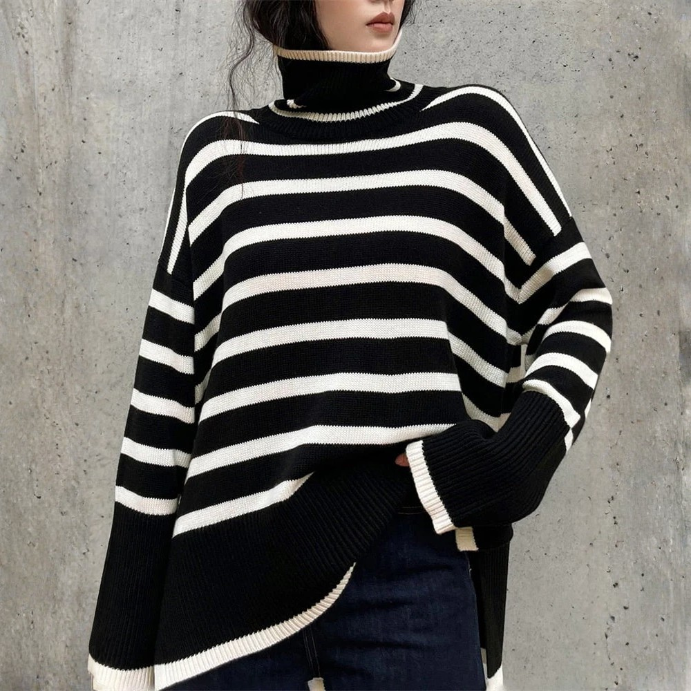 Kynesia | Suéter de Cuello Alto de Rayas Oversized