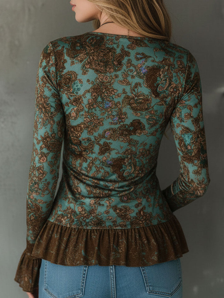 Blusa Boho Verde Salvia y Bronce con Volantes y Dobladillo Fruncido