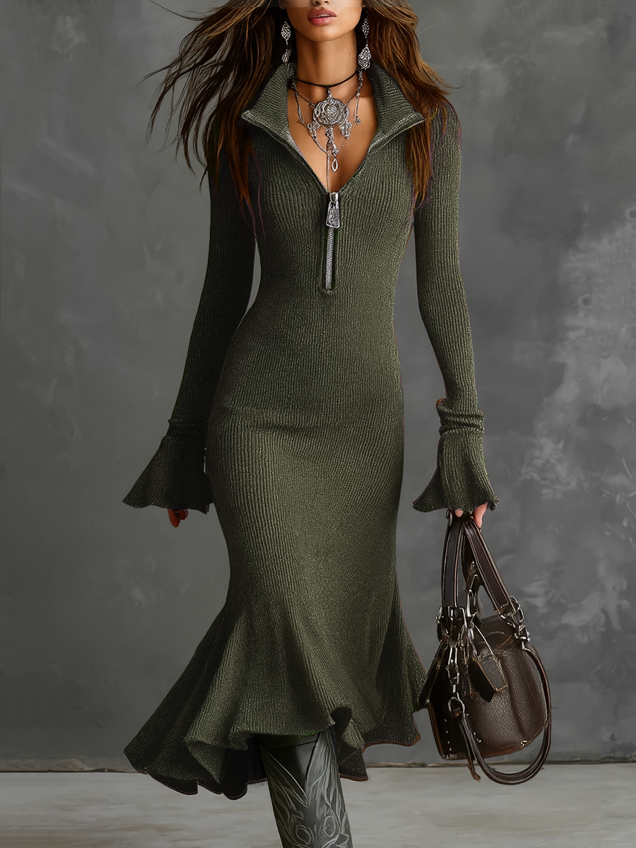 Lucia · Vestido midi con cuello de cremallera y mangas trompeta