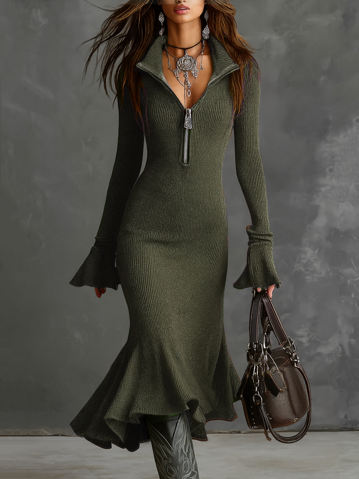 Lucia · Vestido midi con cuello de cremallera y mangas trompeta