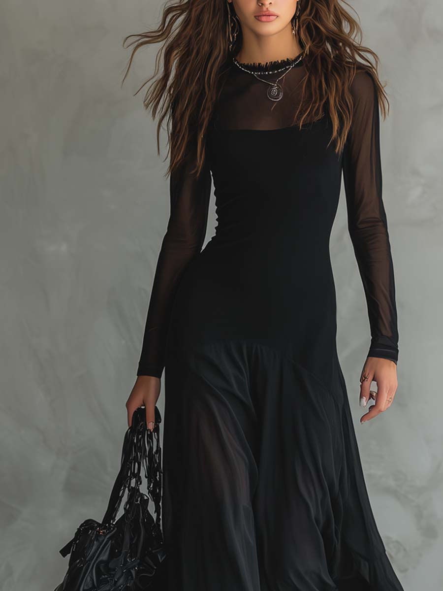 Elena · Vestido maxi negro con mangas transparentes