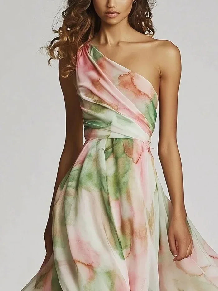 Celestina · Vestido maxi asimétrico con estampado artístico