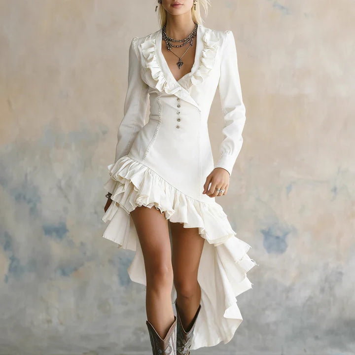 Lorena · Vestido largo con volantes y escote en V