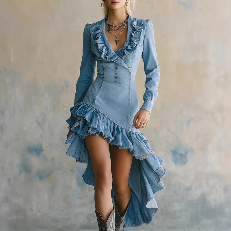 Lorena · Vestido largo con volantes y escote en V