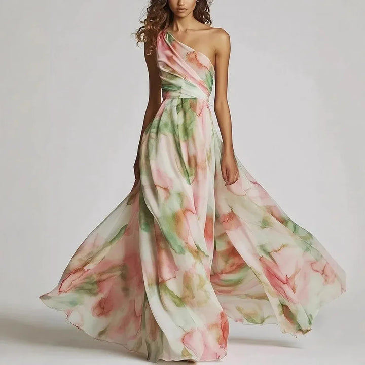 Celestina · Vestido maxi asimétrico con estampado artístico