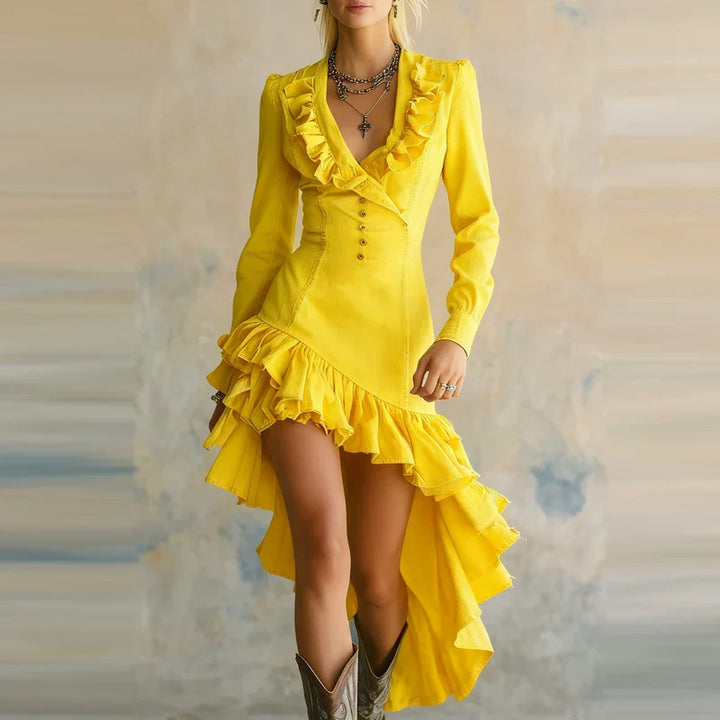 Lorena · Vestido largo con volantes y escote en V