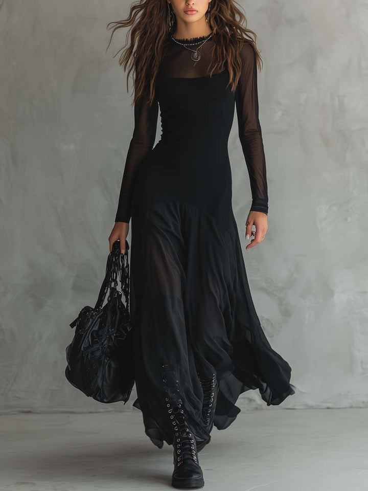 Elena · Vestido maxi negro con mangas transparentes