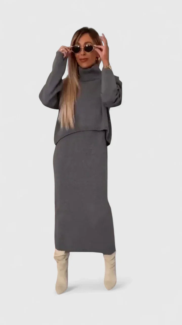 Chrystahl | Conjunto de Vestido Elegante y Suéter de Cuello Alto