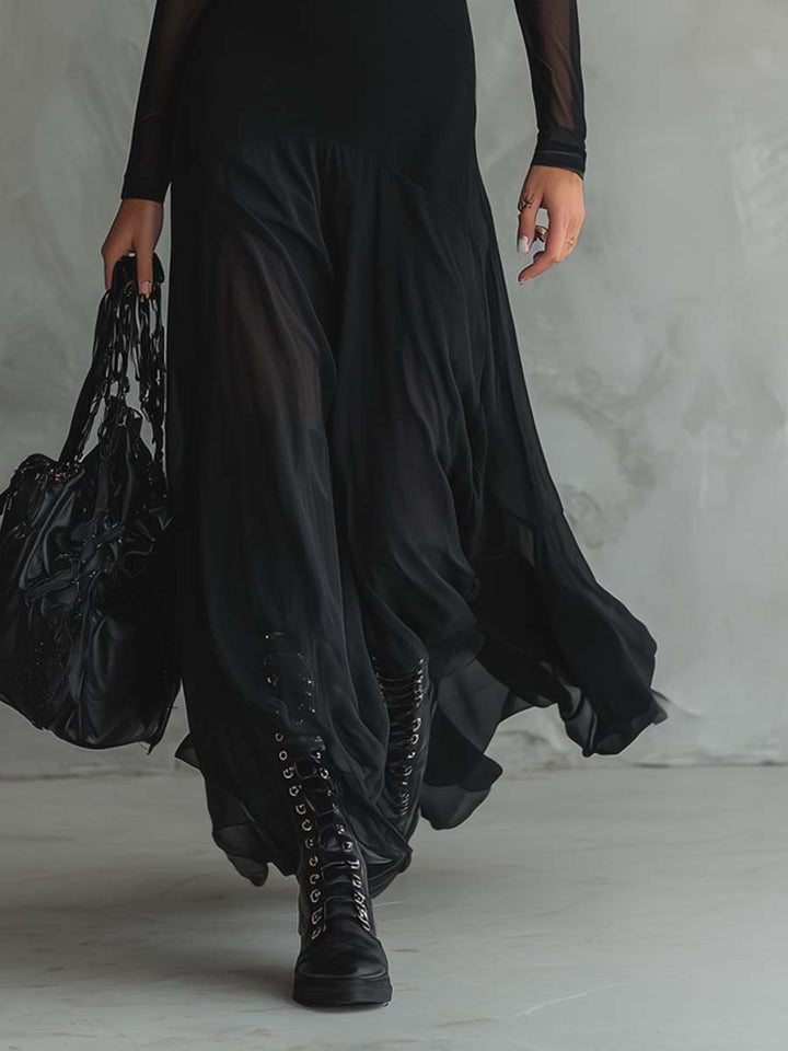 Elena · Vestido maxi negro con mangas transparentes