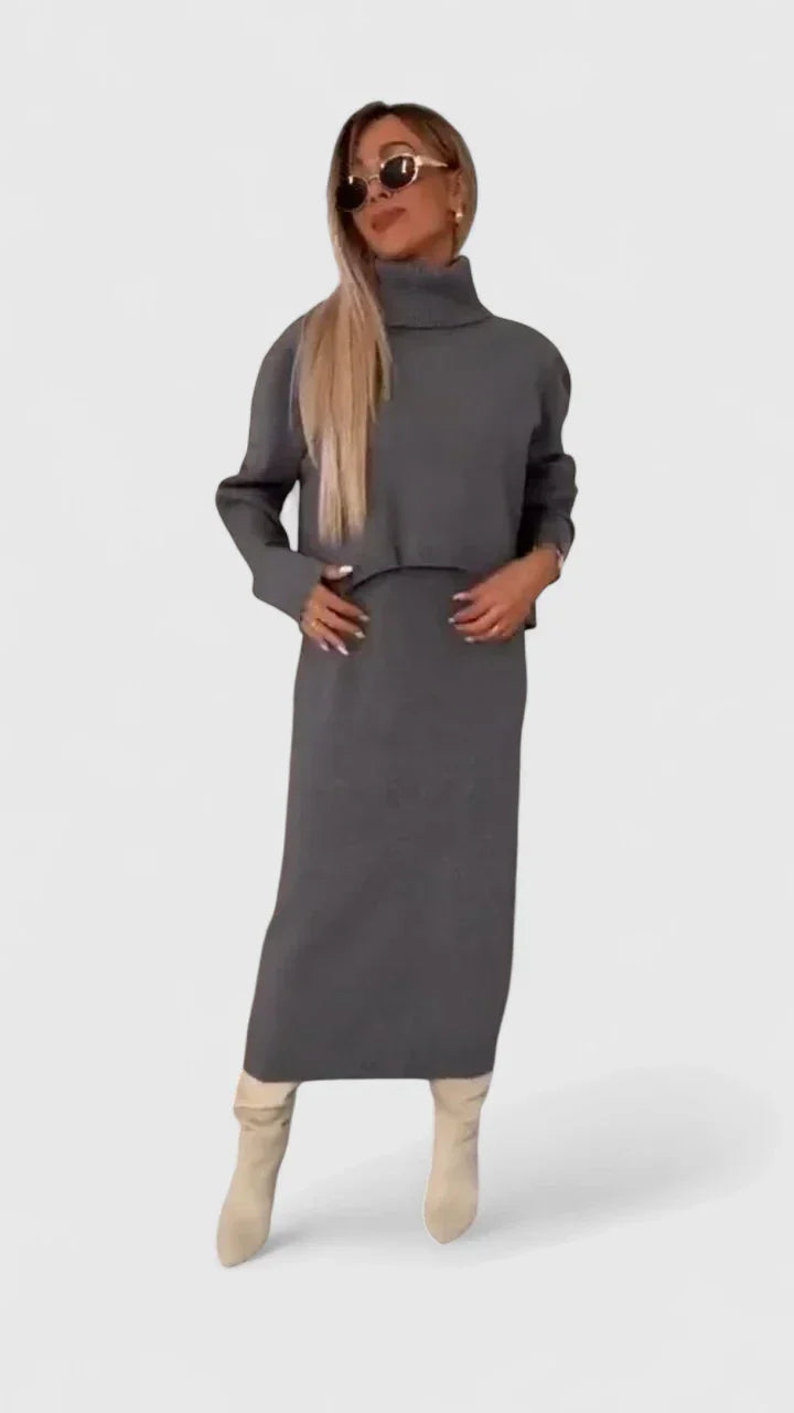 Chrystahl | Conjunto de Vestido Elegante y Suéter de Cuello Alto